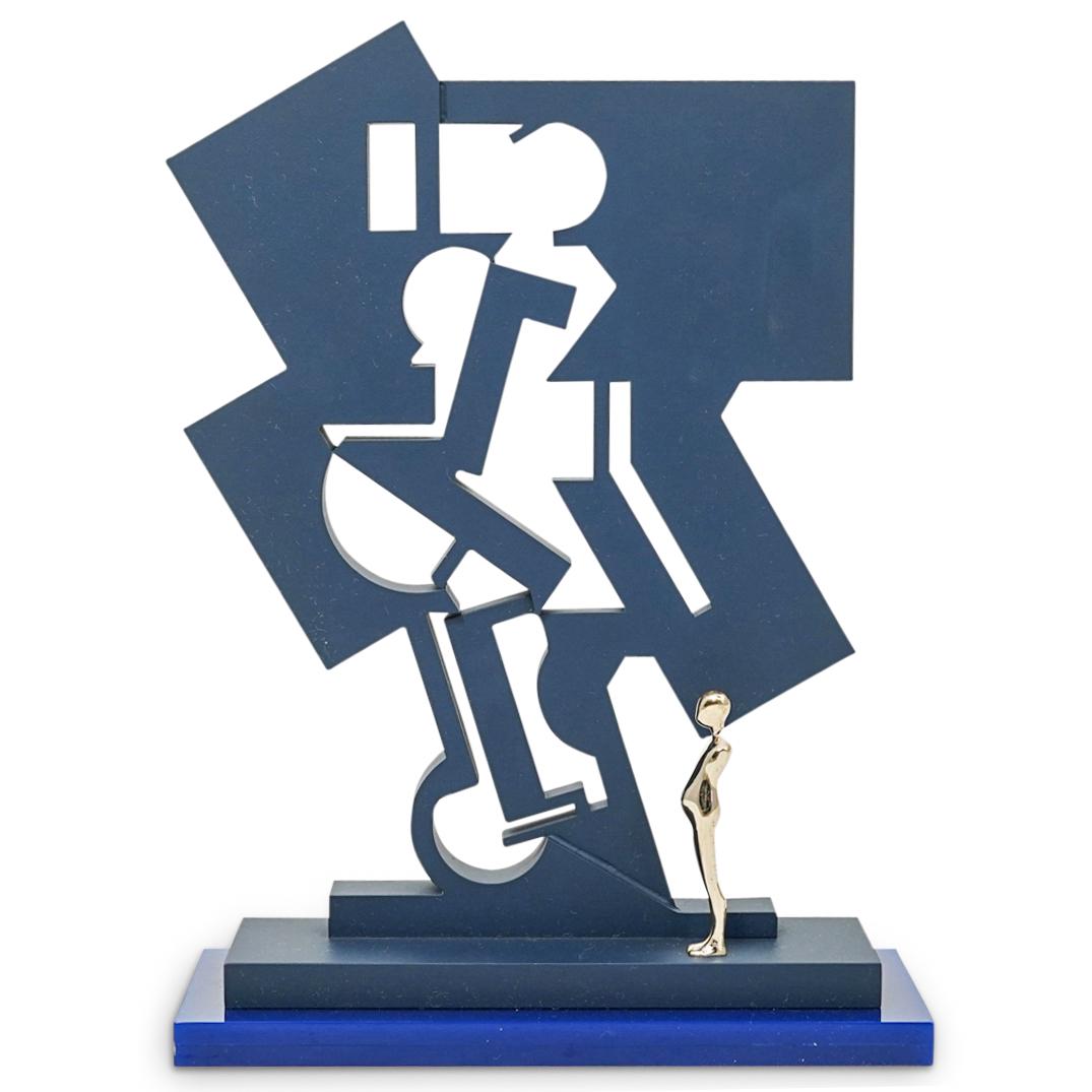 Ernest Trova (American.1927-2009) Gox Arch 4 Sculpture: DESCRIPTION:A sculpture by surrealist artist Ernest Trova composed of a cold-rolled steel painted center over a blue flattened epoxy, fitted with a bronze study man figure. Marked along the bottom Edi