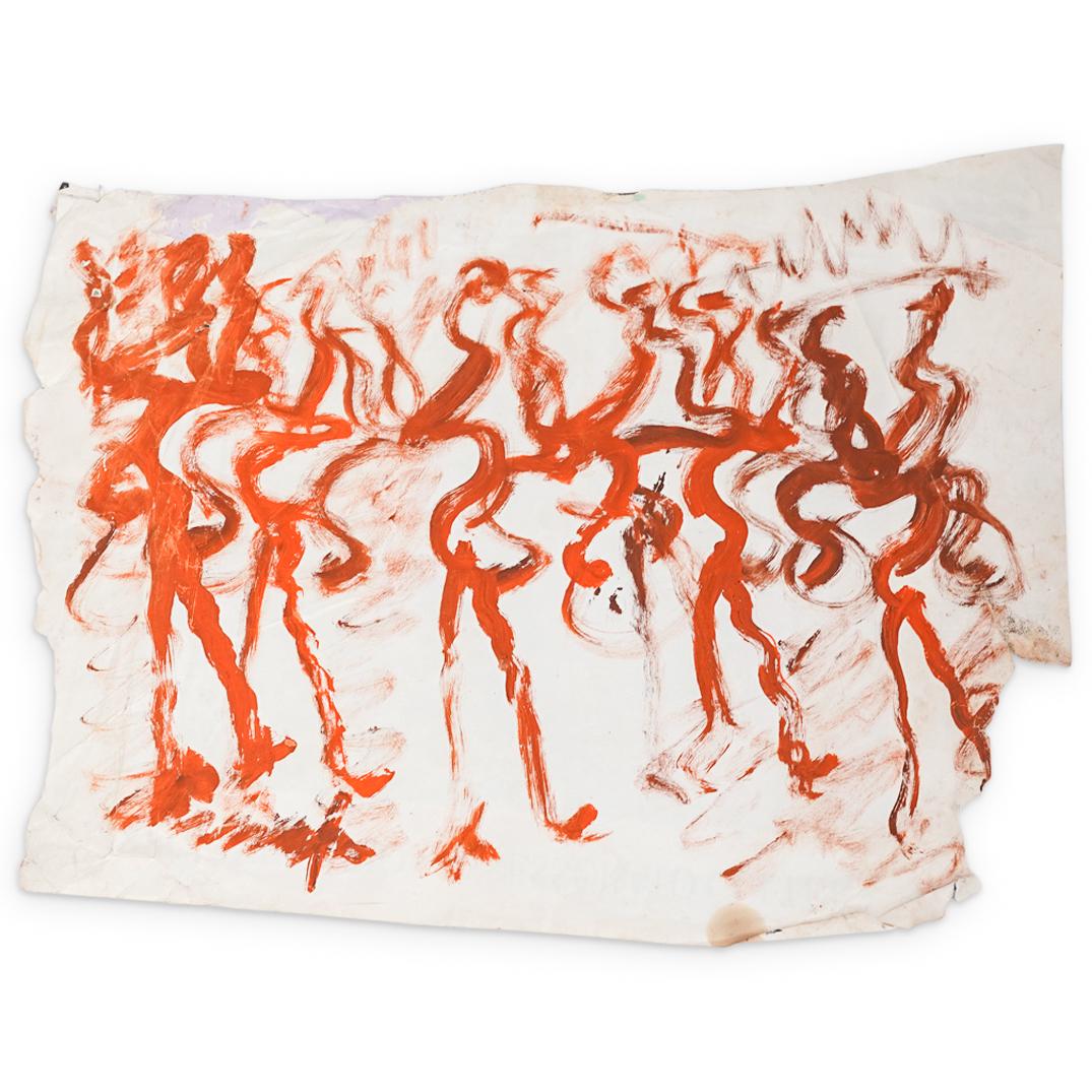 Purvis Young (American 1943-2010) Mixed Media Painting: DESCRIPTION: Purvis Young (American 1943-2010) on paper painting featuring Young's traditional figural imagery depicting figures reaching towards the heavens. Signed "Young" top right. CIRCA: 20th Cen