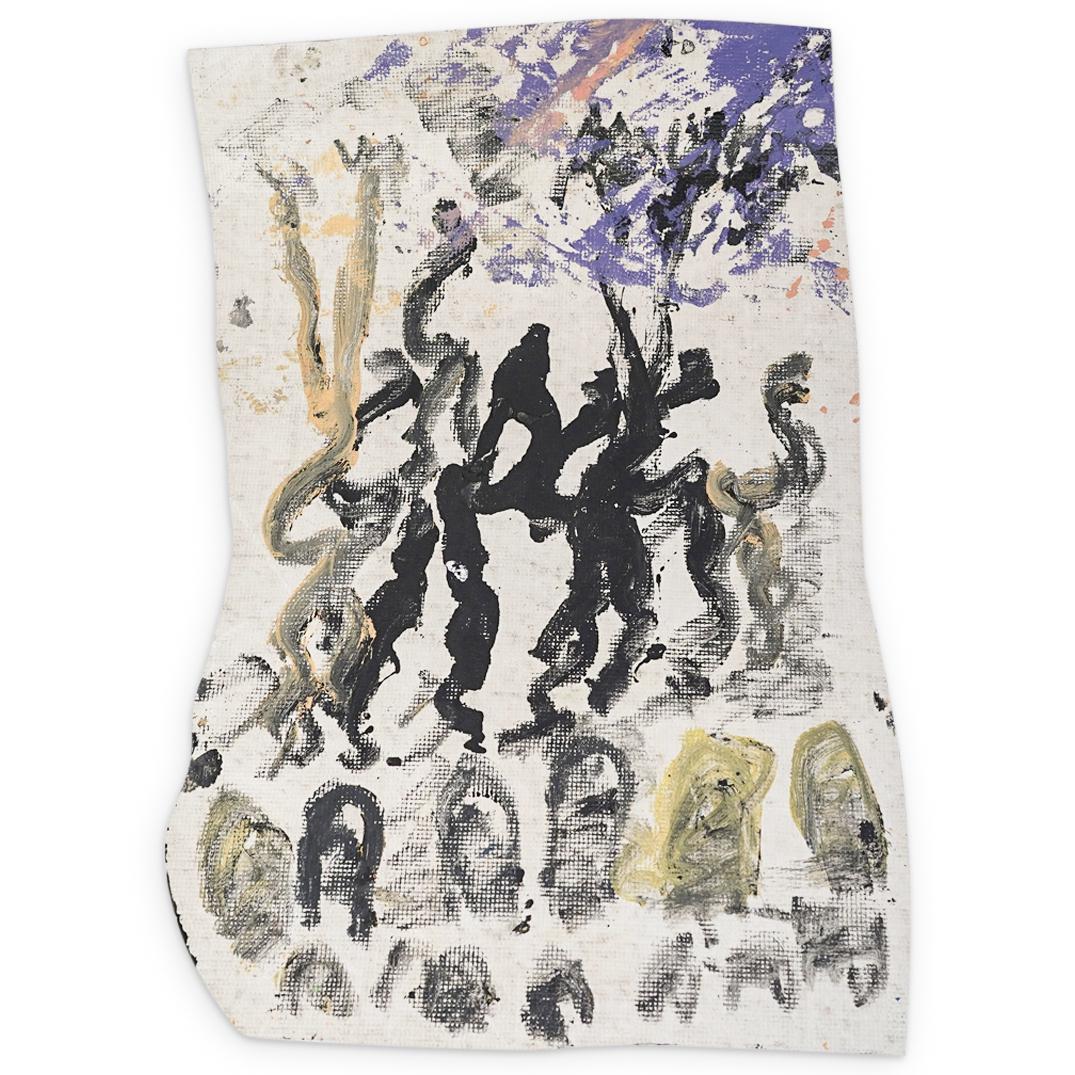 Purvis Young (American 1943-2010) Mixed Media Painting: DESCRIPTION: Purvis Young (American 1943-2010) on tarp painting featuring Young's traditional figural imagery depicting figures reaching towards the heavens accented by gravestones. CIRCA: 20th Centur