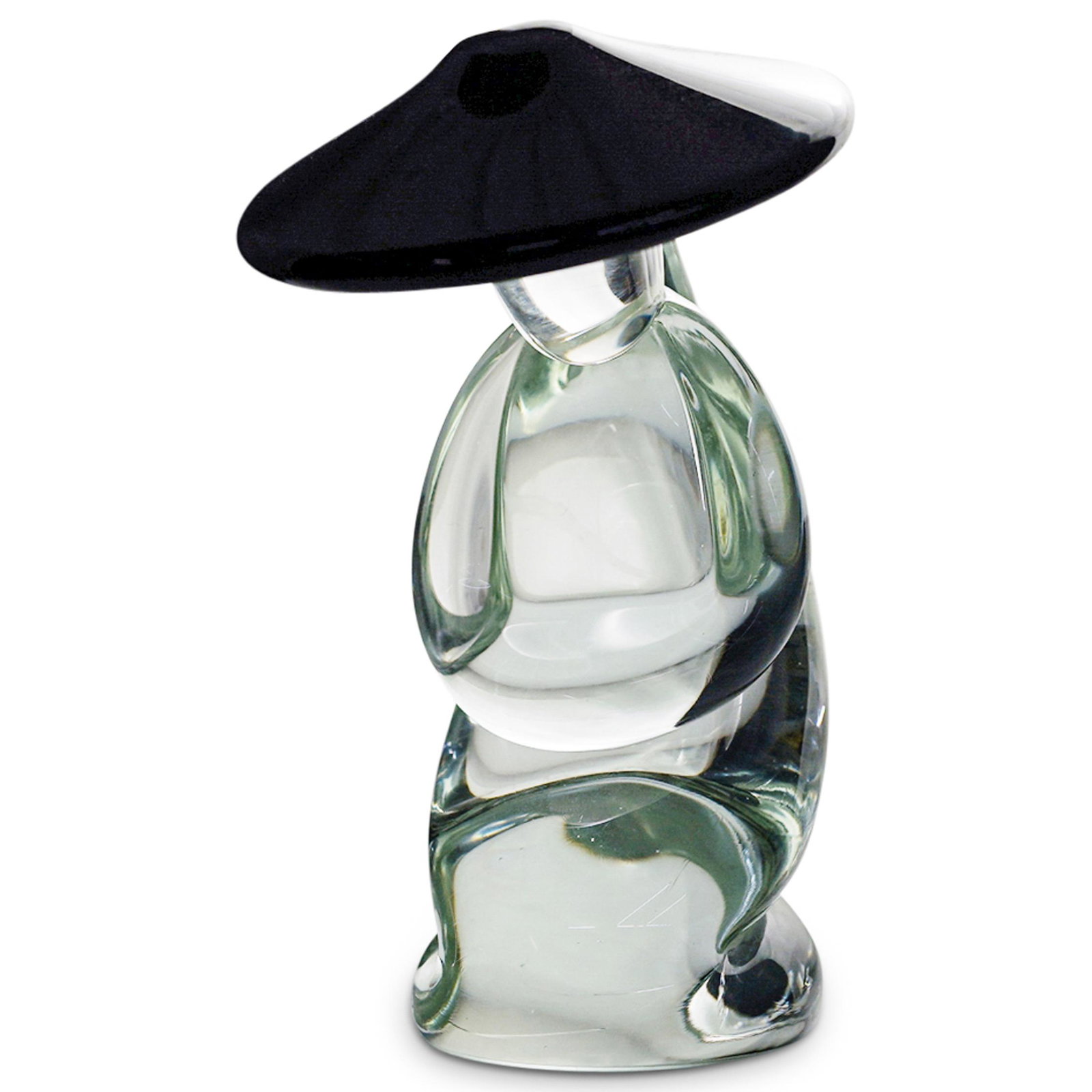 Renato Anatra (Italian, b.1943) Murano Figure: DESCRIPTION: Renato Anatra (Italian, b.1943) Murano blown glass figure with clear body and black hat accent. Vetri Murano sticker attached. Incised signature underneath: "R. Anatra" CIRCA: 20th Centur