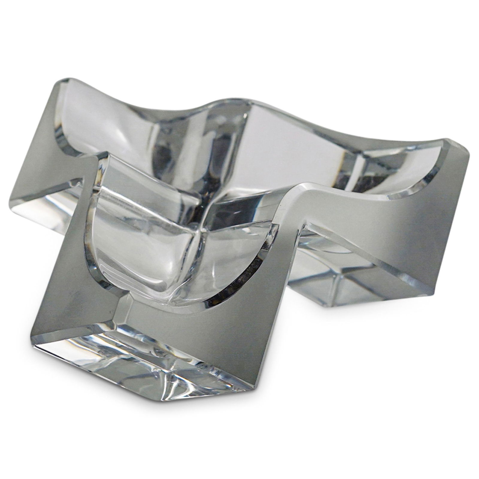 Daum France Crystal Geometric Sculpture: DESCRIPTION: A Daum France crystal blown geometric sculpture with frosted details. Incised signature at base: "Daum France" CIRCA: 20th Century. ORIGIN: France DIMENSIONS: H: 3.5" x W: 6.5" x L: 8" Ha