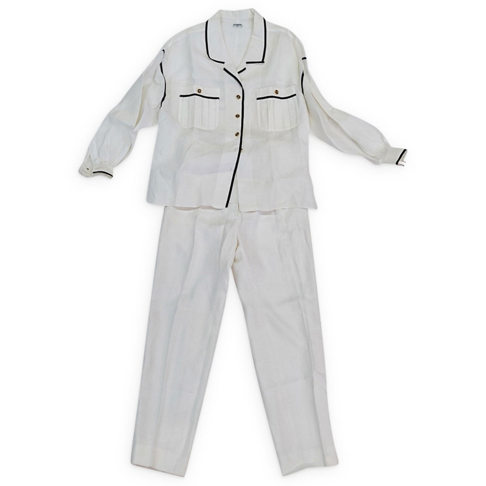 (2 Pc) Chanel White Linen Blouse & Pants Ensemble (1 of 10)