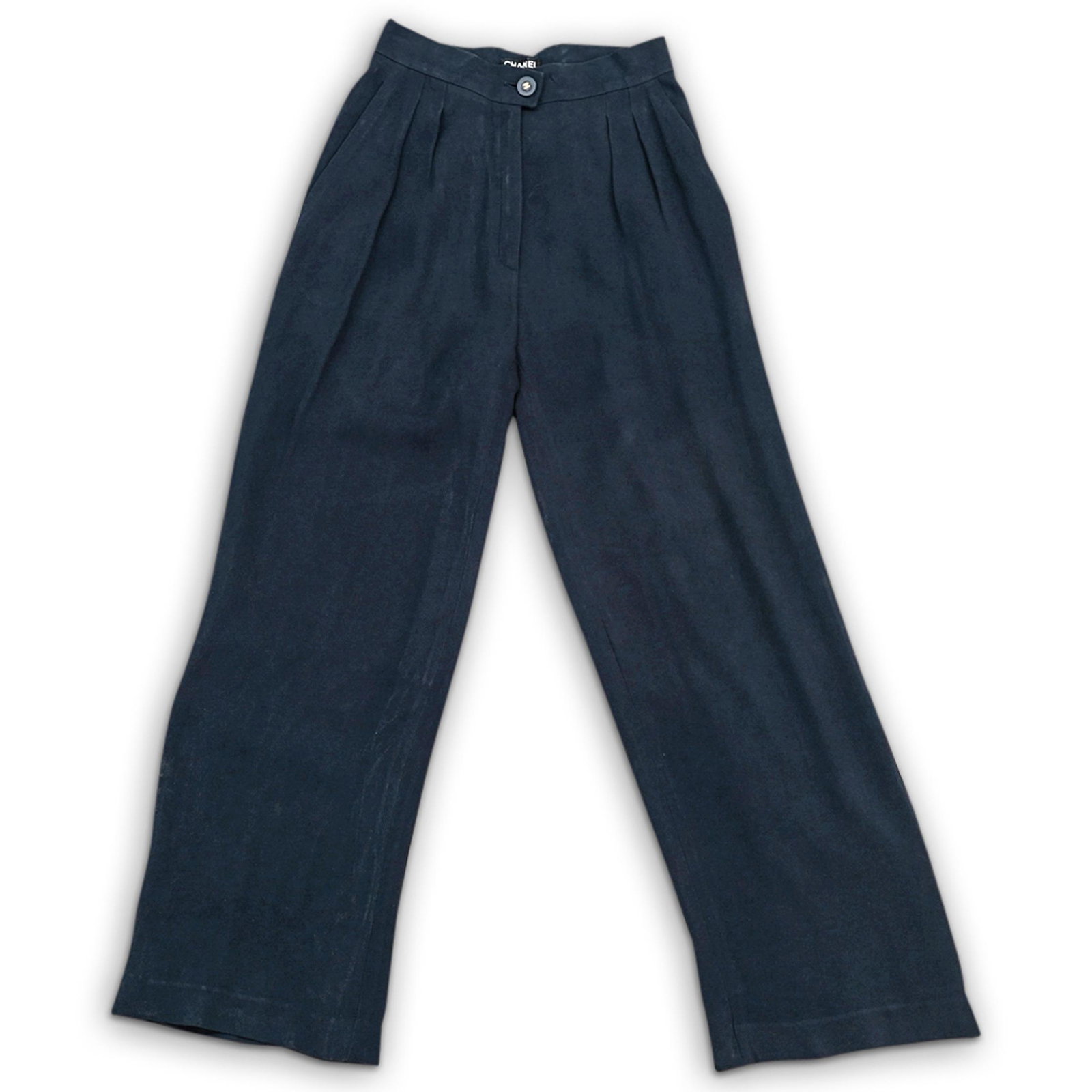 Chanel Navy Silk Crepe Straight Leg Pants: DESCRIPTION: A vintage Chanel Navy Silk Crepe Straight Leg Pants. Size 38. Waist: 25" Length (waist to bottom): 38". CIRCA: 20th Century. ORIGIN: France. DIMENSIONS: See lot description for details. H