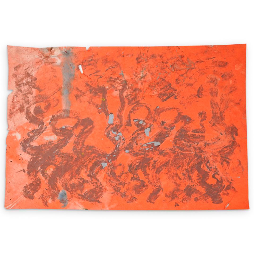 Purvis Young (American 1943-2010) Oil on Paper Painting: DESCRIPTION: Purvis Young (American 1943-2010) Oil on paper painting featuring Young's tradition figural imagery on orange construction paper. CIRCA: 20th Century. ORIGIN: USA DIMENSIONS: H: 23.75" x 