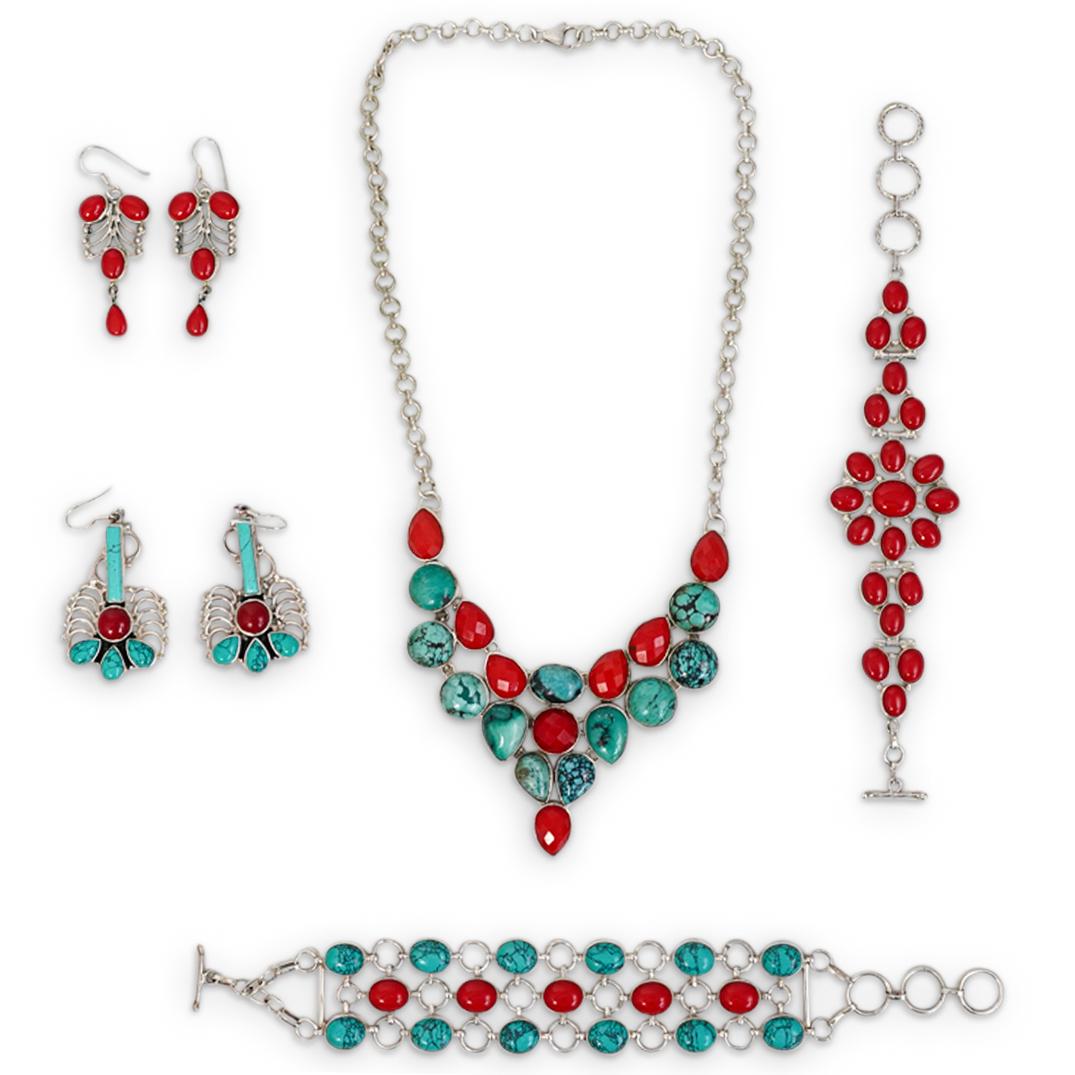 (5Pc) Sterling, Turquoise, & Enemale Jewelry Set (1 of 7)