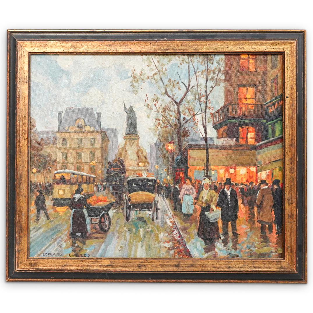 After Edouard Cortes (French 1882-1969) Oil on Canvas: DESCRIPTION: After Edouard Cortes (French 1882-1969) Oil on canvas painting featuring the deception of a New York street scene with bustling city streets and crowded sidewalks. Signed: "Edouard Cortes