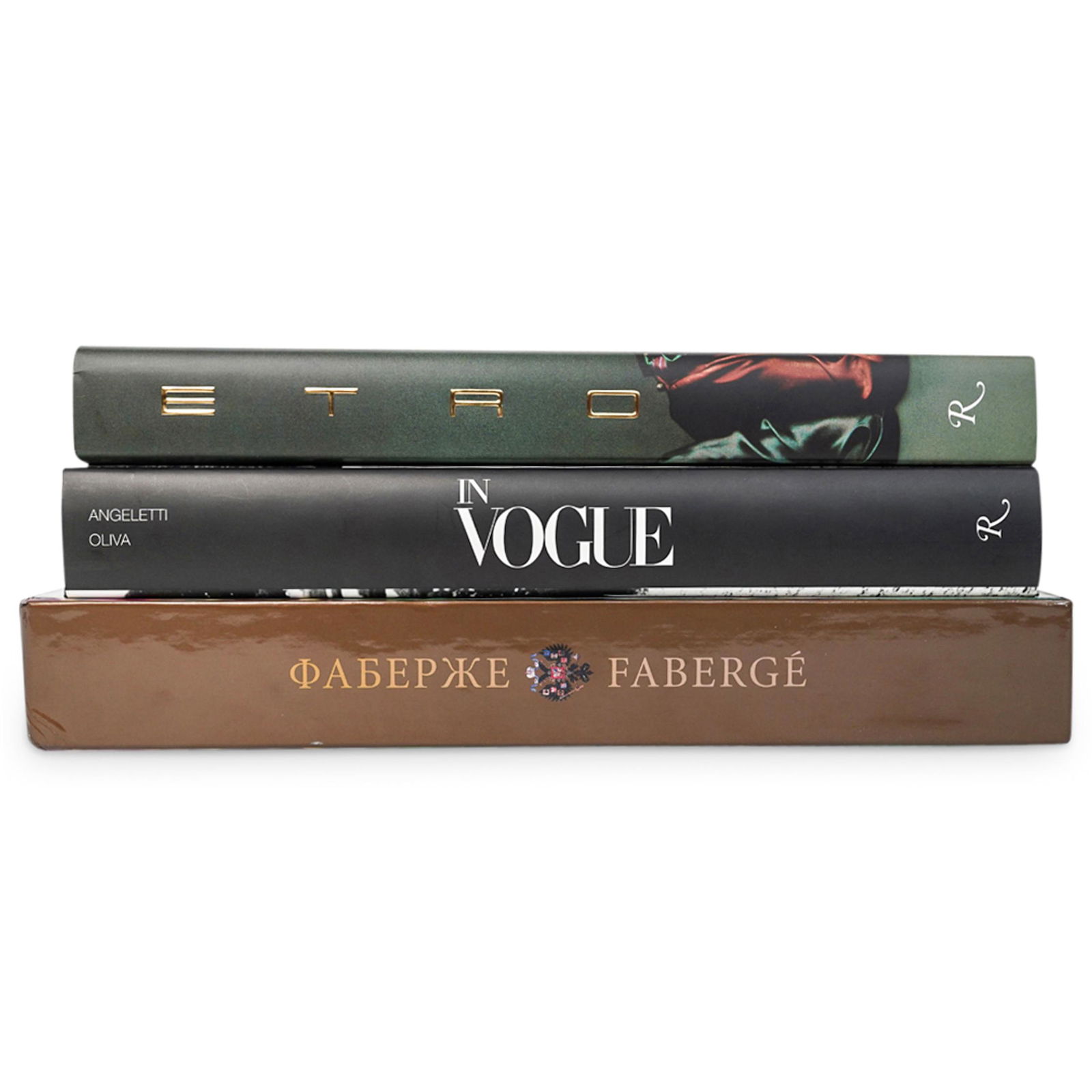 (3Pc) Designer Coffee Table Book Collection: DESCRIPTION: (3Pc) Designer coffee table book collection. Includes: (1) Angeletti Olivia In Vogue. (1) ETRO (1) Faberge: Treasures of Imperial Russia CIRCA: 20th Century. ORIGIN: Continental DIMENSION