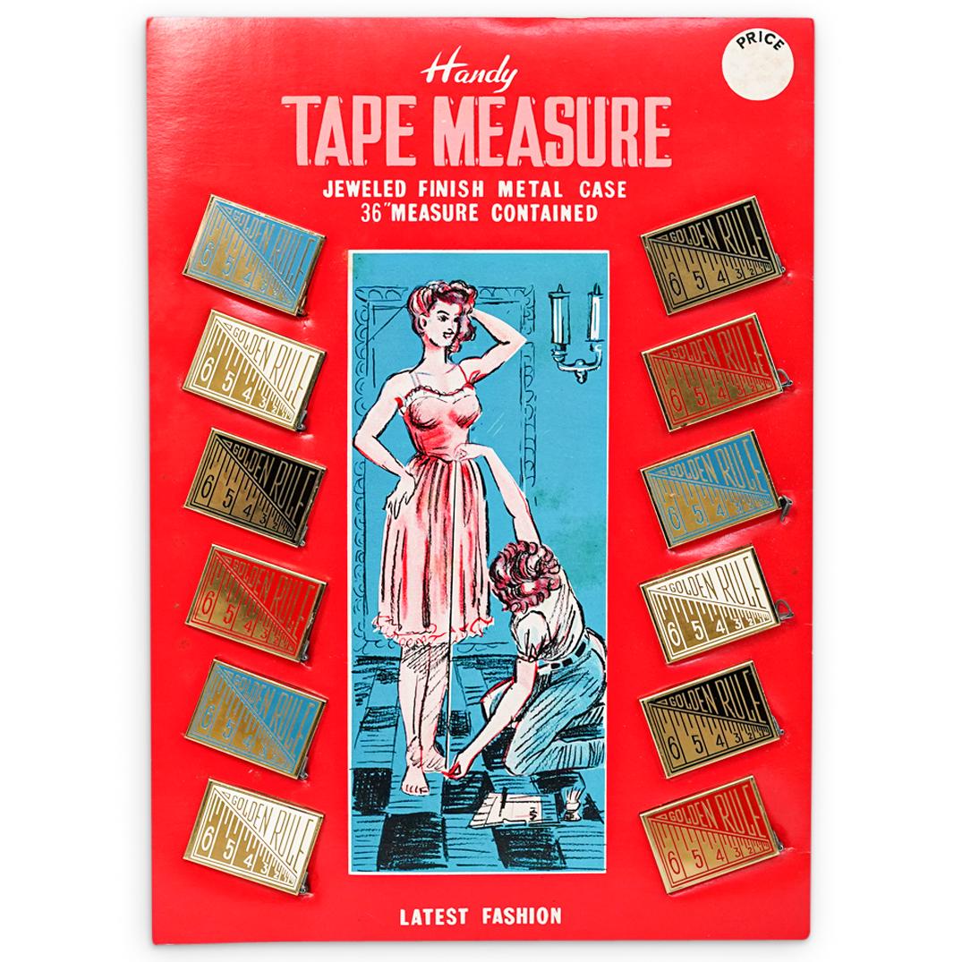 Vintage Handy Tape Measure Set: DESCRIPTION: A vintage Handy tape measure set in original packaging. Contains (12) Golden Rule tape measures. CIRCA: 20th Century. ORIGIN: DIMENSIONS: H: 13.75" x L: 10" Have a similar item to sell? C