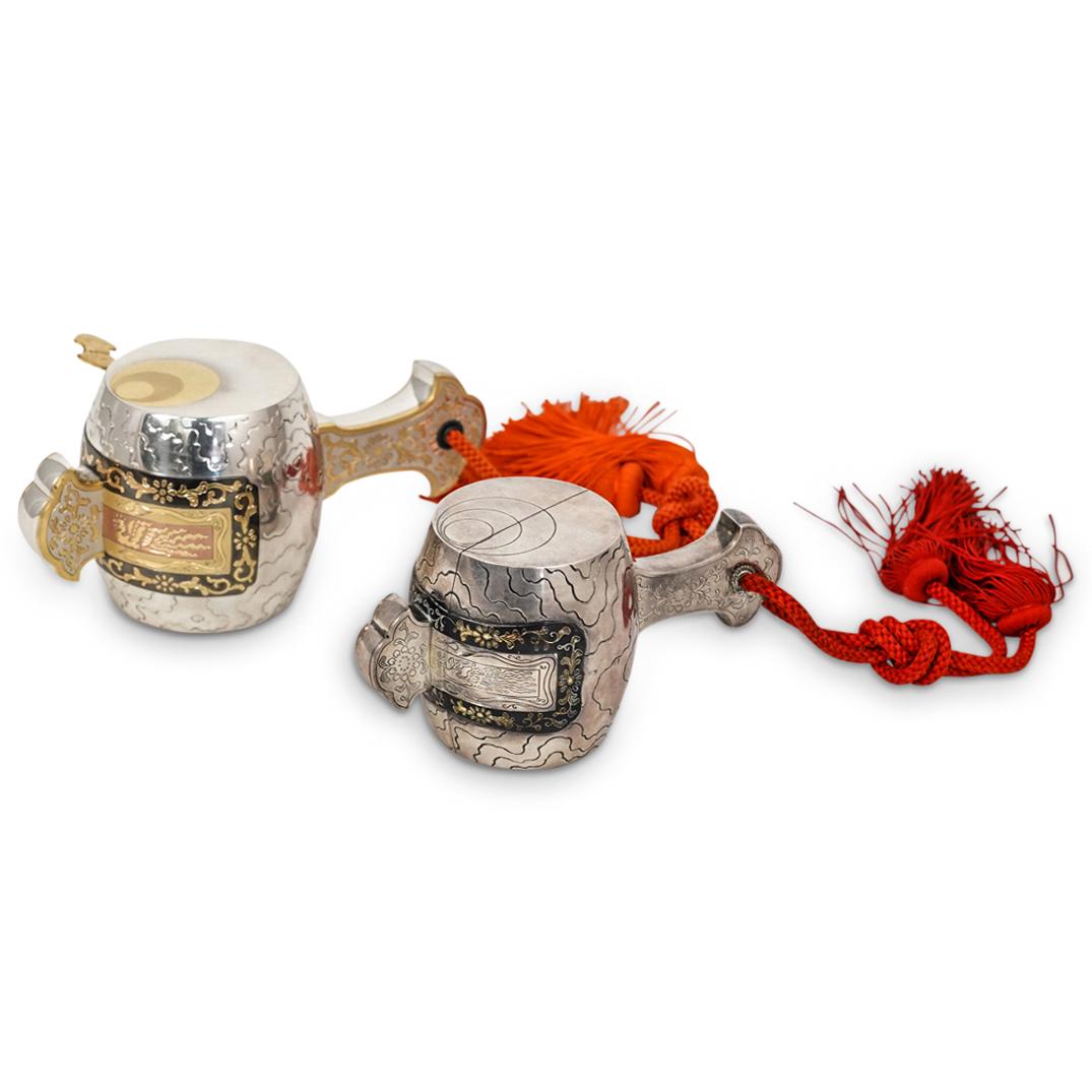 (2 Pc) Japanese Sterling Silver Toned Drum Shaped Boxes (1 of 16)