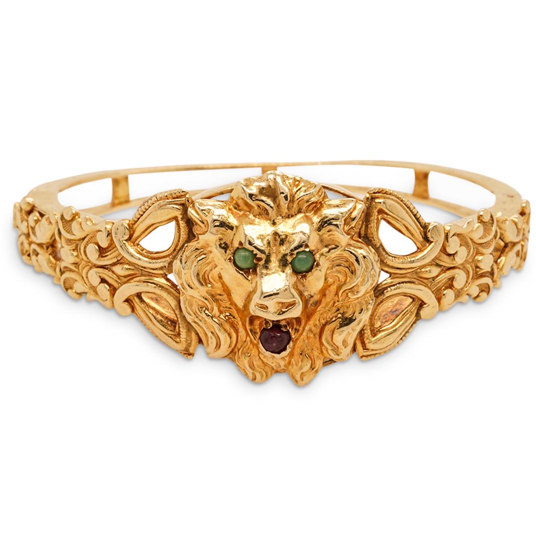 Antique 14k Gold Lion and Semi Precious Bangle Bracelet (1 of 4)