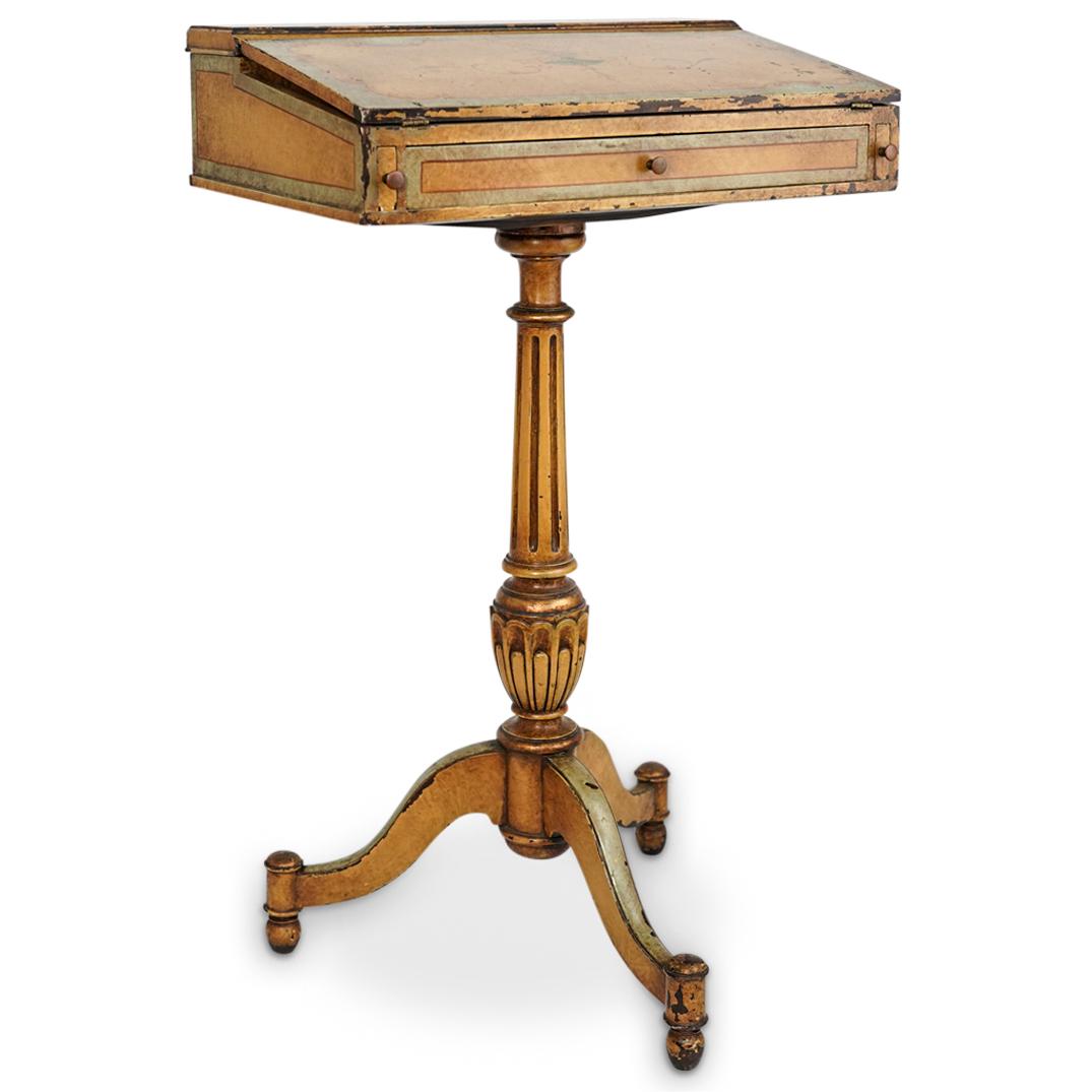 Antique Italian Wooden Writers Desk: DESCRIPTION: An antique wooden desk in the venetian style, hand painted along the exterior yellow and turquoise base colors, centered with floral urn motifs. The top opens revealing a inkwell and stor