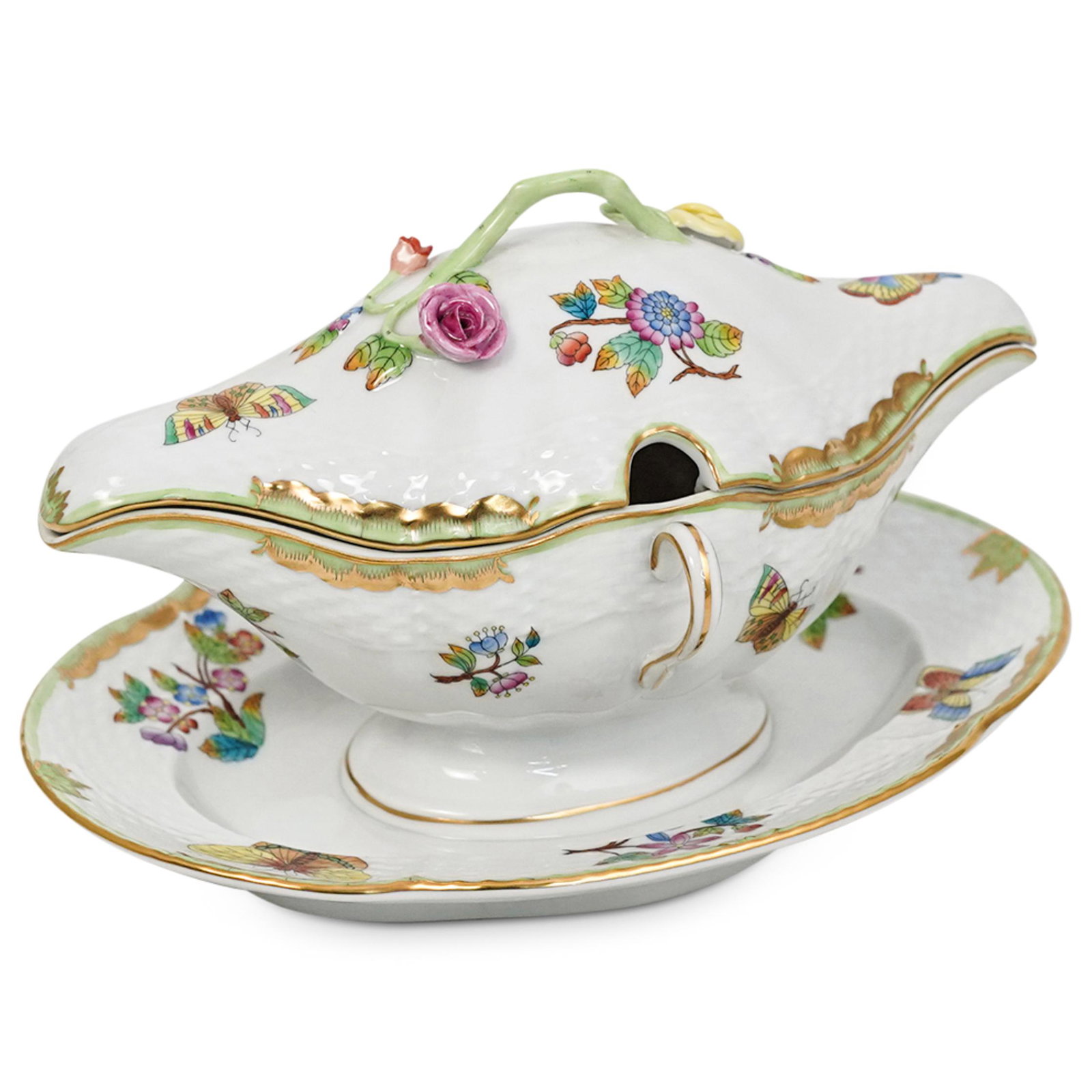 Herend "Queen Victoria" Lidded Gravy Boat: DESCRIPTION: A Herend Queen Victoria lidded gravy boat in white porcelain decorated with hand painted multi colored birds and butterflies motifs, further embellished with a branch finial handle and sm