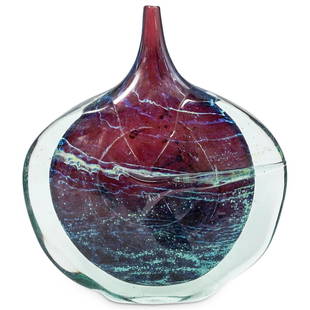 Michael Harris for Mdina Art Glass "Fish" Vase: DESCRIPTION:a Michael Harris "Fish" Vase features in clear, purple and mottled blue, with white inclusions, etched 'Michael Harris, Mdina Glass. CIRCA: 1970s -1980s ORIGIN: USA DIMENSIONS: H: 12" W: 1