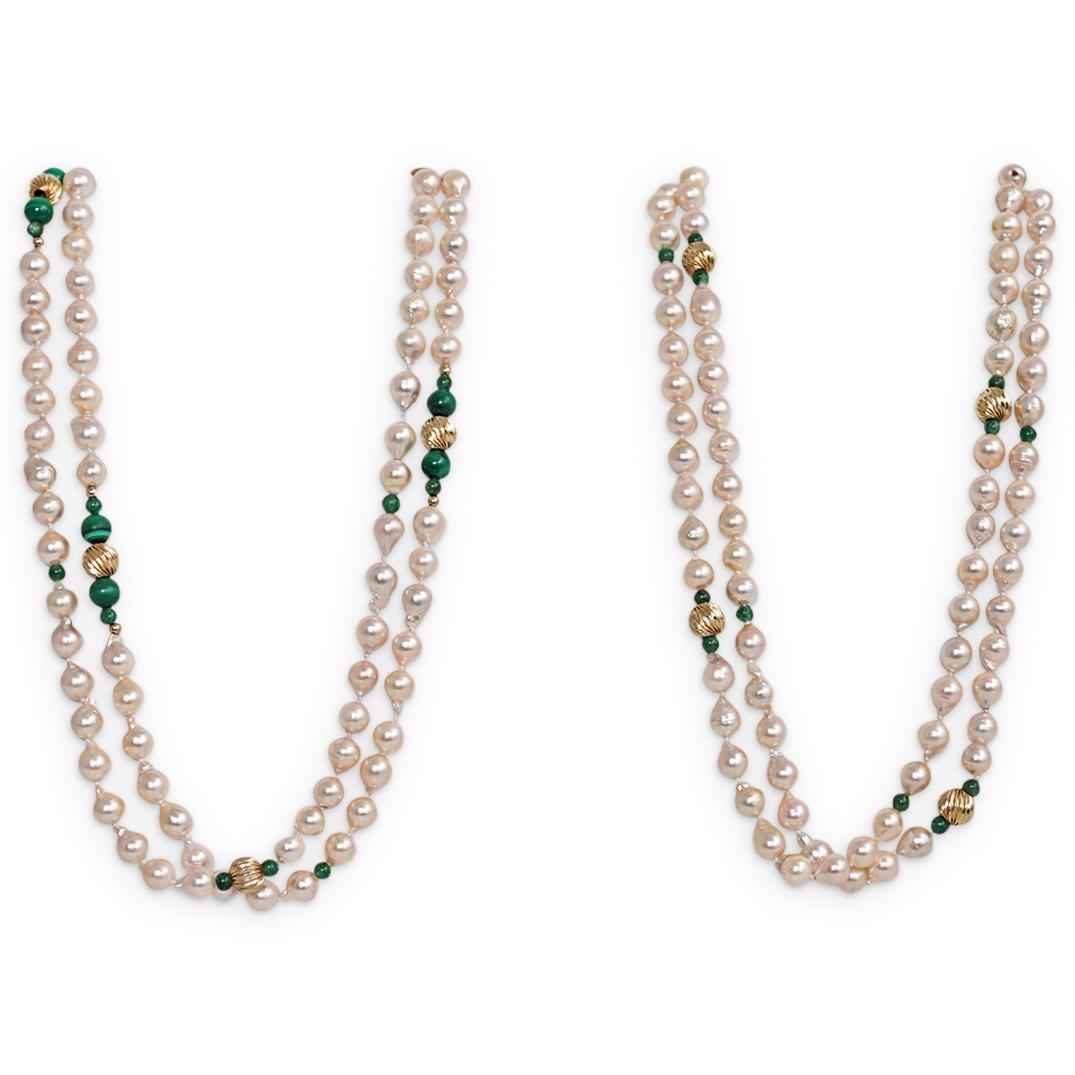 (2 Pc) 14k Gold, Pearl and Malachite Beaded Necklace (1 of 3)
