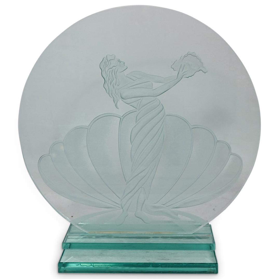 Blair Reed Etched Glass Lamp: DESCRIPTION: A Etched glass lamp by Blair Reed depicts a woman at the center of an oyster holding a bouquet of flowers, signed "Blair Reed 1988". The base illuminated by strip lighting. CIRCA: 20th Ce
