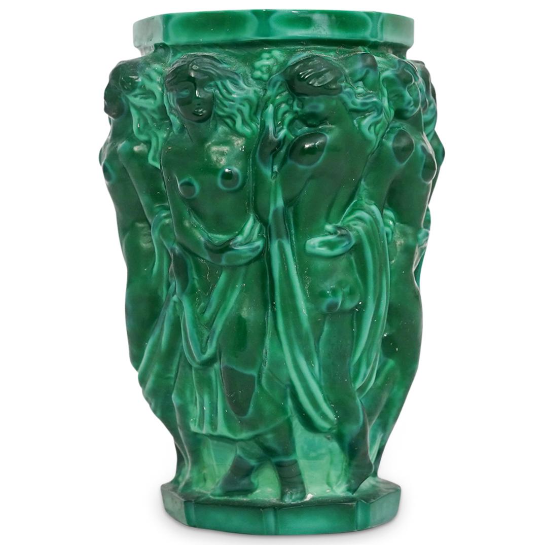 Malachite Glass Flower Vase: DESCRIPTION: A Czech bohemian malachite green glass flower vase embellished with a continuous decorative motif depicting nude maiden entwined nymph sensuous figures. CIRCA: 20th Century. ORIGIN: Czech