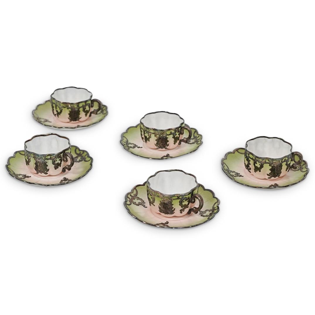 (10Pc) Sterling Overalaid Porcelain Tea Cups (1 of 6)