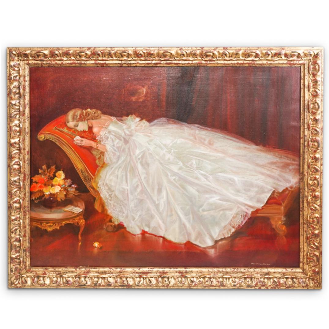 After Karel Van Belle (Belgium, 1884) Oil Painting: DESCRIPTION: A signed oil painting on canvas after Karel Van Belle (Belgium, 1884) depicting a lady dressed with an elegant white silk ball gown and reclining elegantly over a red chaise lounge. Signe