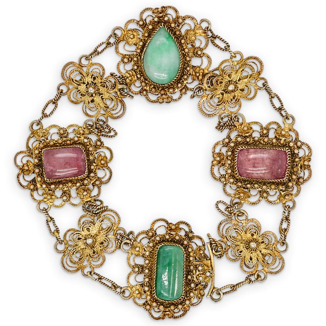 Gilt Silver Jadeite & Pink Tourmaline Bracelet (1 of 2)