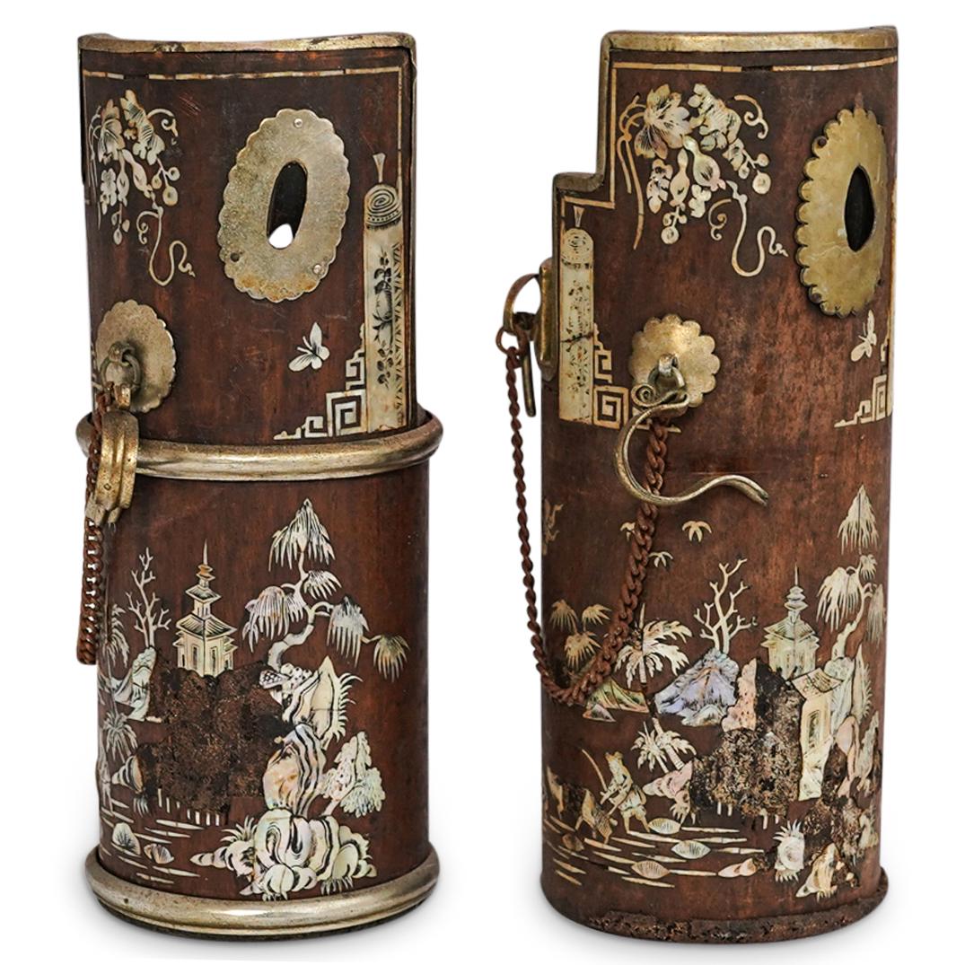 (2 Pc) Chinese Bamboo & Abalone Opium Pipes (1 of 12)