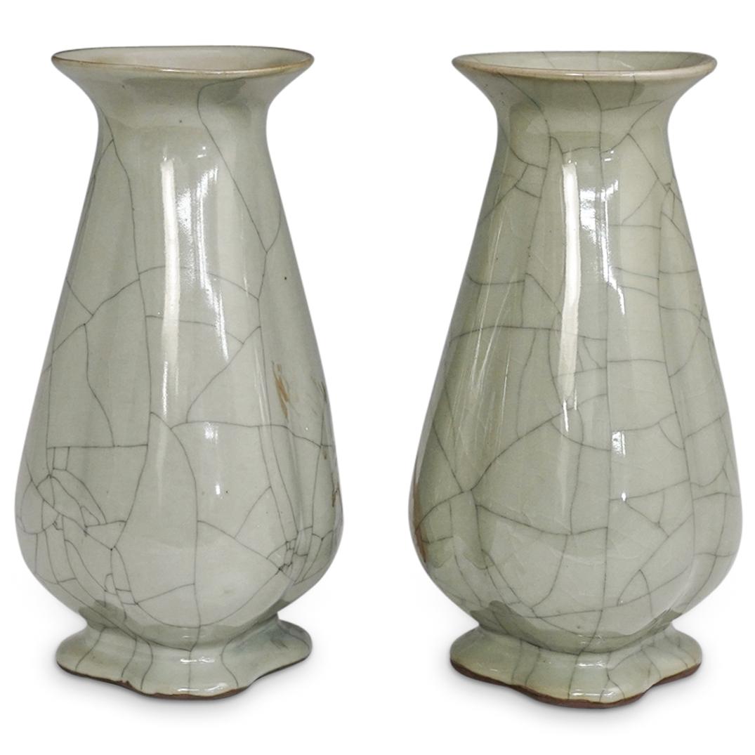 (2 Pc) Chinese Celadon Crackle Glaze Vases (1 of 7)