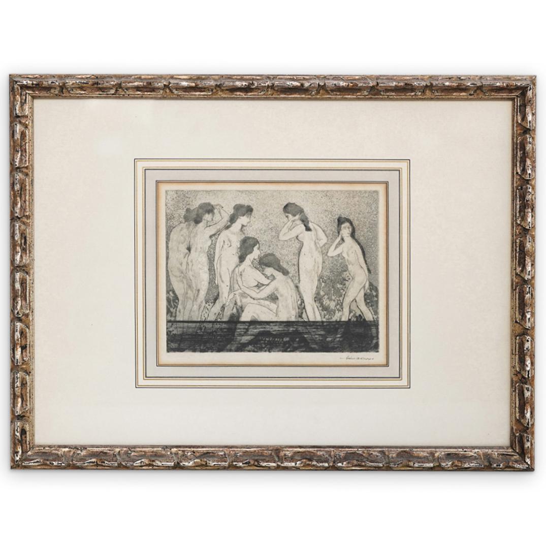 Aquatint Etching by Arthur B. Davies: DESCRIPTION: An aquatint etching by artist Arthur B. Davies depicting a group of nude women bathers figures. It is signed in the lower right bottom corner. Arthur Bowen Davies was an avant garde Ameri