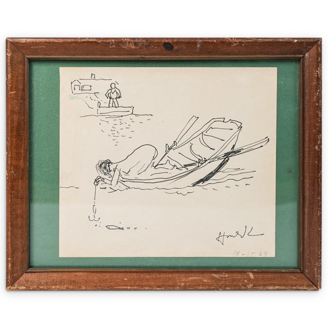 Vintage Signed Sketch: DESCRIPTION: A vintage ink on paper signed sketch featuring a fishermen. Signed illegibly lower right, pencil dated: "18-1-69" mounted in a brown wood frame. CIRCA: 1969 ORIGIN: Sweden DIMENSIONS: (Im