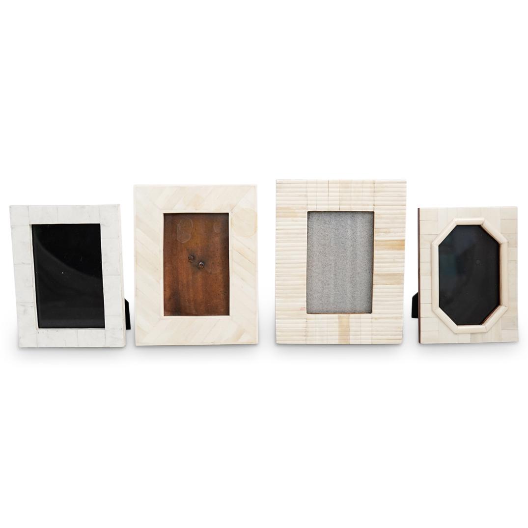 (4 Pc) Continental Carved Bone Picture Frames: DESCRIPTION: A Continental group of carved bone picture frames feature the following: (1) A overlaid bone frame featuring an octagonal picture silhouette 7.5" x 5.5" (1) Segmented bone frame 7.5" x 5.