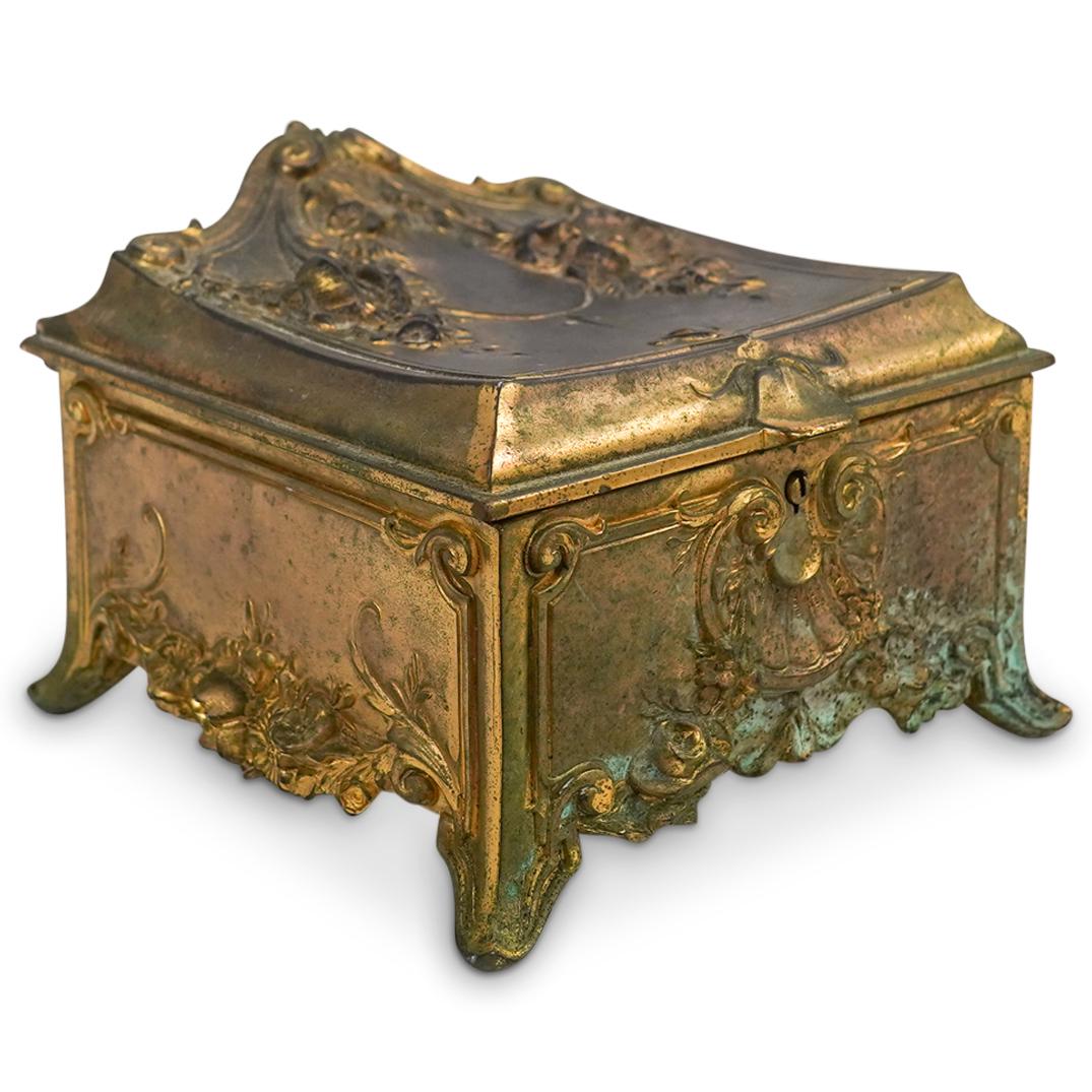 Antique WB Bronze Jewelry Box: DESCRIPTION: Weidlich Brothers WB Manufacturing Company hinged bronze box with patina. A beautiful Art Nouveau style jewelry box. This piece was made by W.B. Manufacturing Company in Bridgeport Connec