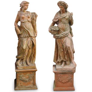 Monumental Ceccarelli Terracotta Greco Roman Statues: DESCRIPTION: A Pair of Monumental Terracotta statues depicting robed Greco Roman figures holding harvest items, each figure sits atop a tiered squared base. Signed along the foot Ceccarelli CIRCA: