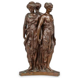 F. Barbedienne "The Three Graces" Bronze Sculpture: DESCRIPTION: A patinated bronze group of the Three Graces after Germain Pilon (Paris, 1528-1590). It features three young women standing back to back with their hands clasped seem to be slowly