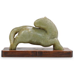 Chinese Ming Celadon Jade Horse Carving: DESCRIPTION: A Late Ming to Early Qing Celadon jade horse carving on wood base, Ming dynasty. Carved Marking at underside of belly. CIRCA: 17th Cent. Possibly older. (Late Ming to Early Qing) ORIGIN: