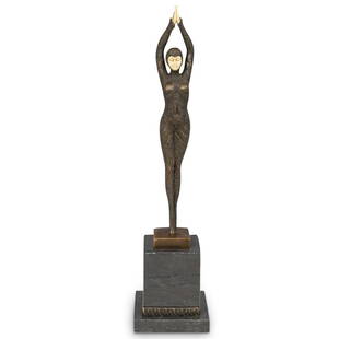 After D.Chiparus (Romanian,1886-1947) "Starfish" Bronze: DESCRIPTION: An after Chiparus (Romanian, 1886-1947) bronze sculpture titled: "Starfish" depicting a dancer with arms raised upward and crossed. It is fitted atop a bronze & stone pedestal. With