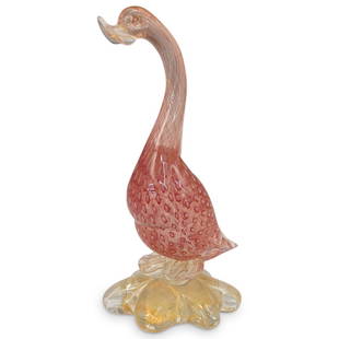 Murano Art Glass Goose Sculpture: DESCRIPTION: A Murano art glass goose figurine sculpture with shade of pink to rose and clear glass. This hand blown glass figurine is crafted with the bullicante technique showing trapping