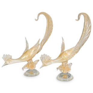 (2 Pc) Murano Art Glass Pheasant Bird Figurines: DESCRIPTION: (2 Pc) A Pair of Murano blown art glass figurine sculptures depicting two pheasant birds in clear glass with a gold sparkled interior crafted with the aventurine technique. ORIGIN: