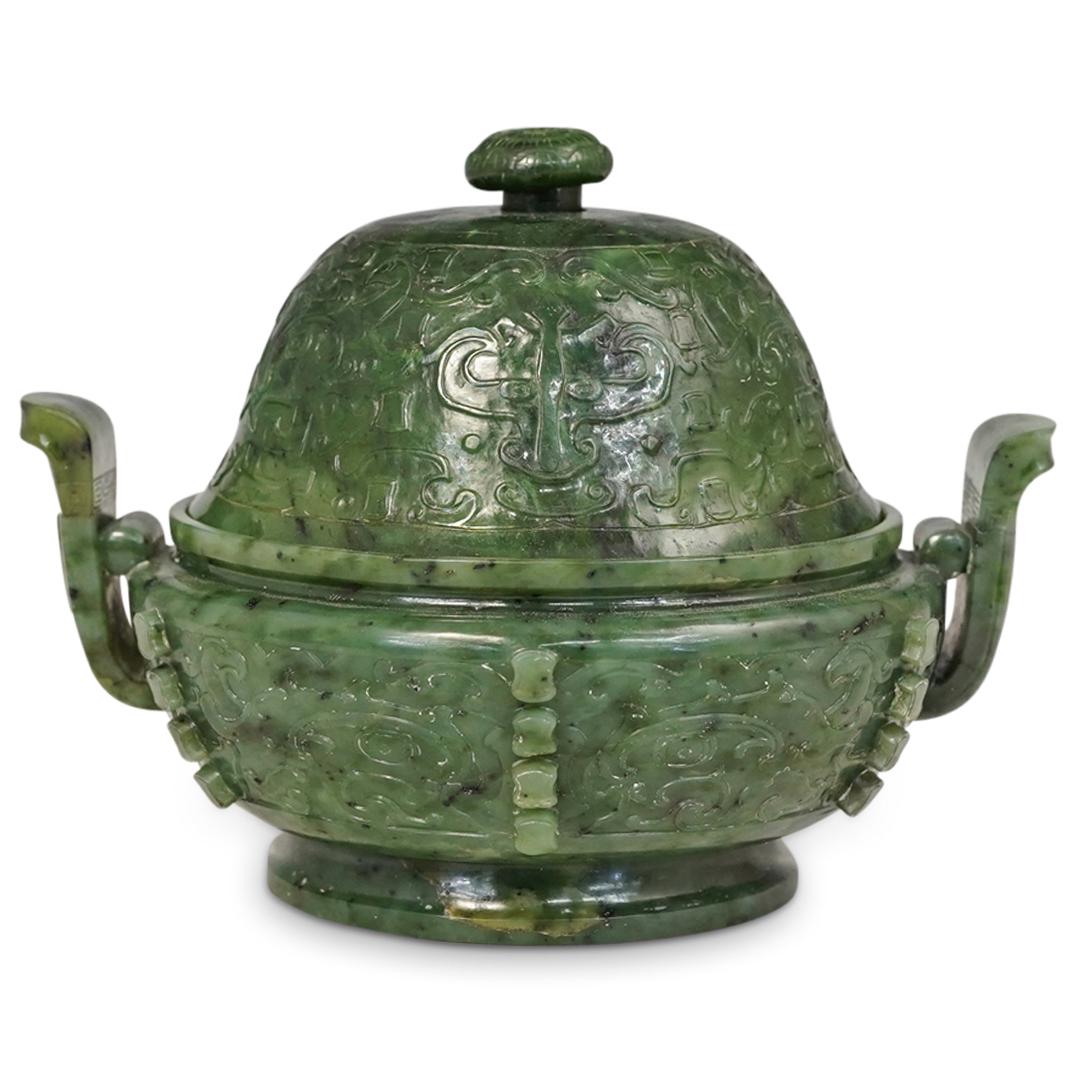 18th Cent. Archaic Spinach Jade Covered Censer (1 of 7)