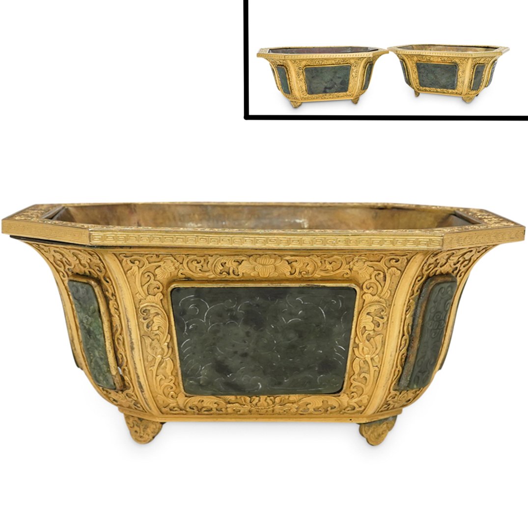 Pair of Chinese Imperial Gilt Bronze & Jade Jardiners (1 of 18)