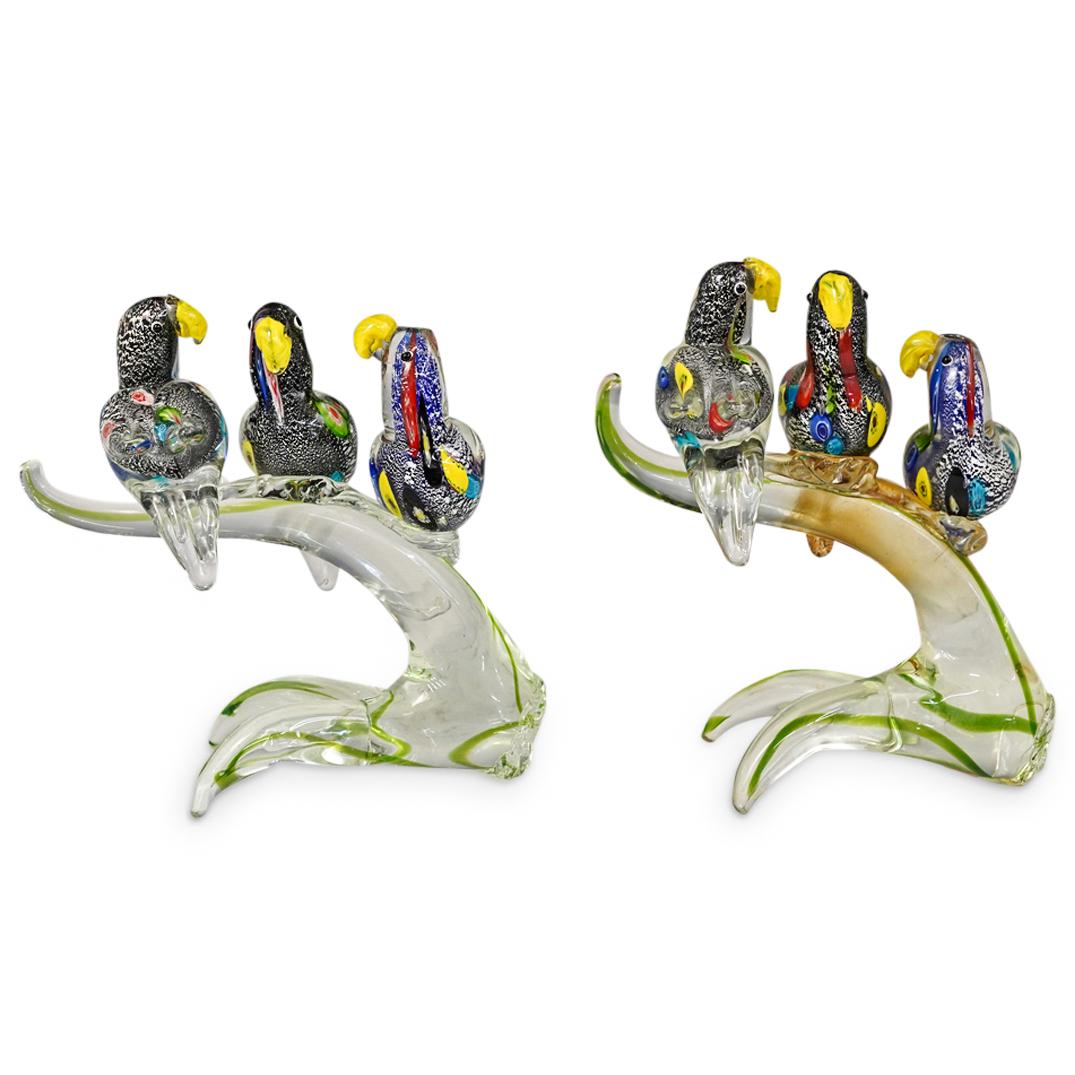 (2 Pc) Murano Art Glass Three Parrots Figurine (1 of 7)
