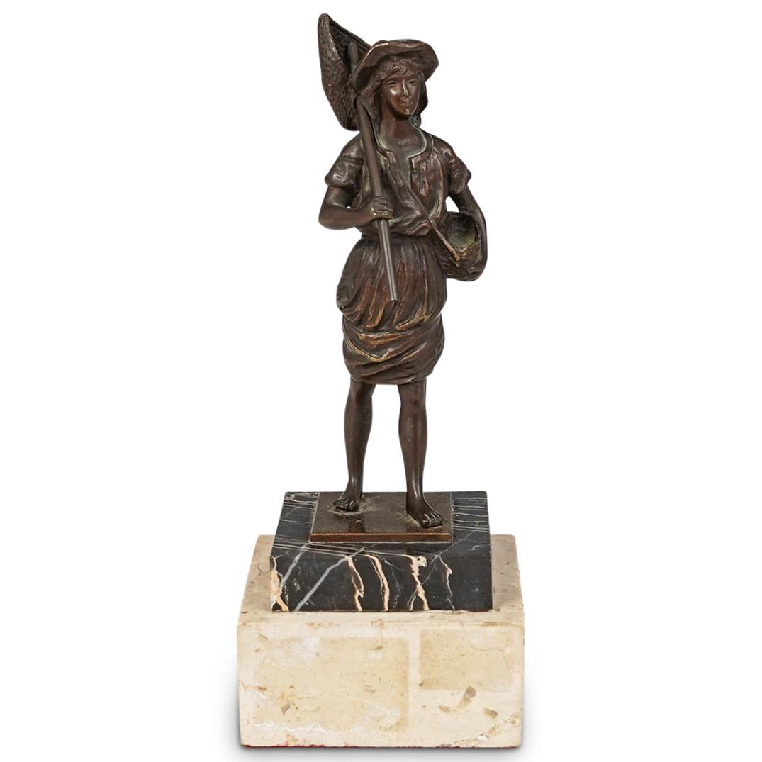 After Charles Georges Ferville Bronze: DESCRIPTION: After Charles Georges Ferville depicts a fisherman with net and basket, fitted atop a multi tier Potrero and Granite marble. CIRCA: 20th Century. ORIGIN: European DIMENSIONS: H: 19" W: 3.