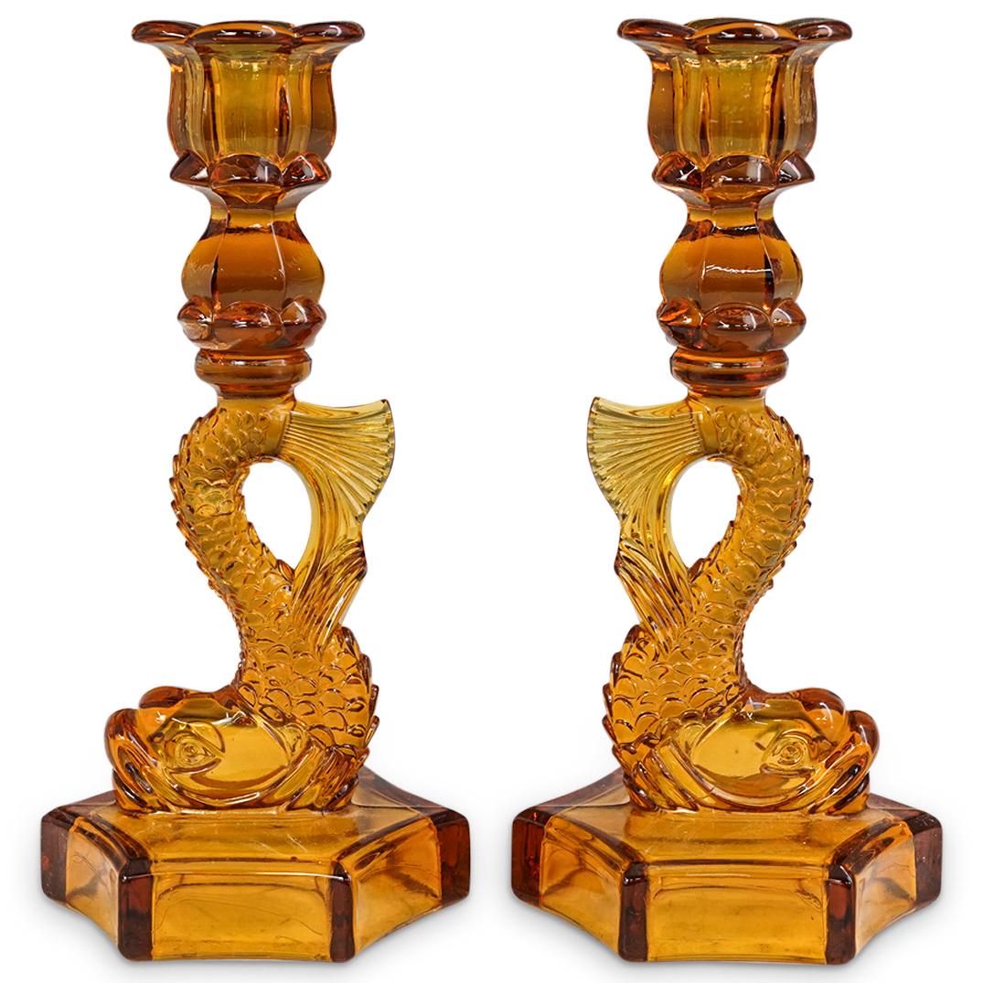 French Dolphin Amber Art Glass Candlesticks (1 of 6)