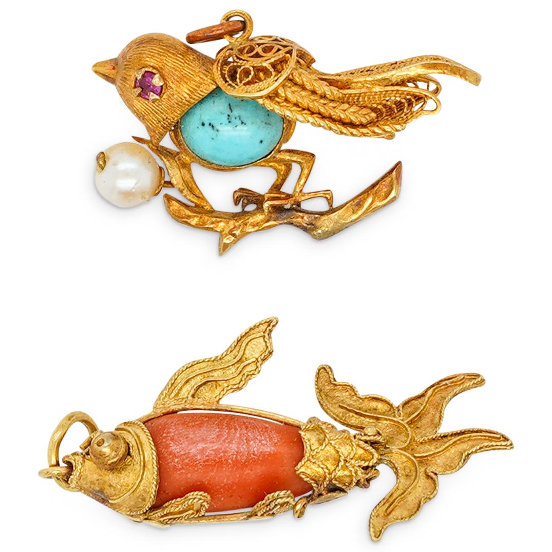 (2 Pc) 18k and Semi Precious Stone Animal Pendants (1 of 3)