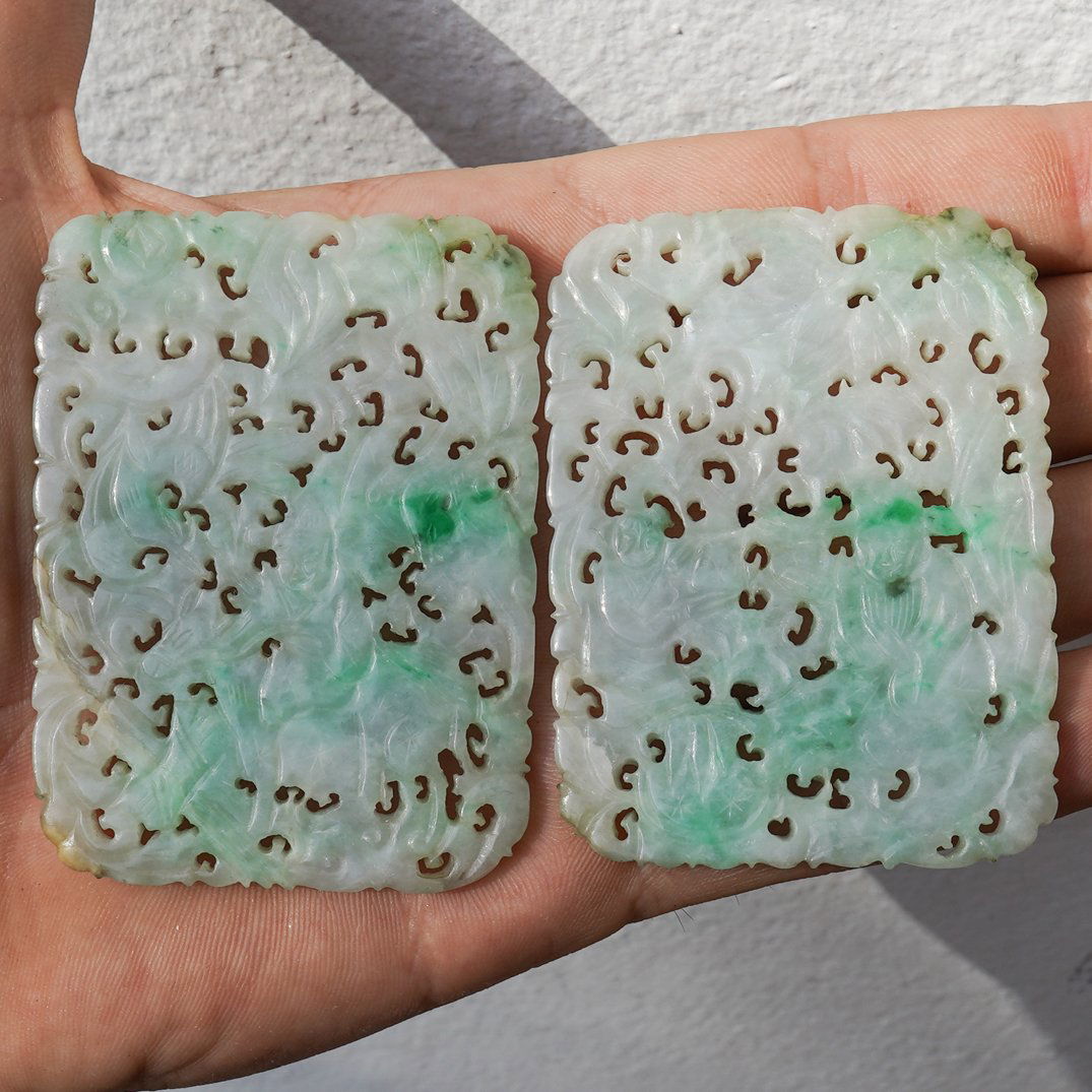 (2Pc) 19th Cent. Jadite Pierced Plaques (1 of 4)