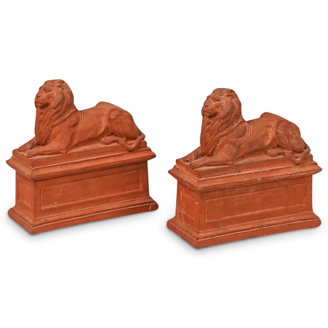 (2 Pc) Italian Terracotta Reclining Lion Bookends (1 of 7)