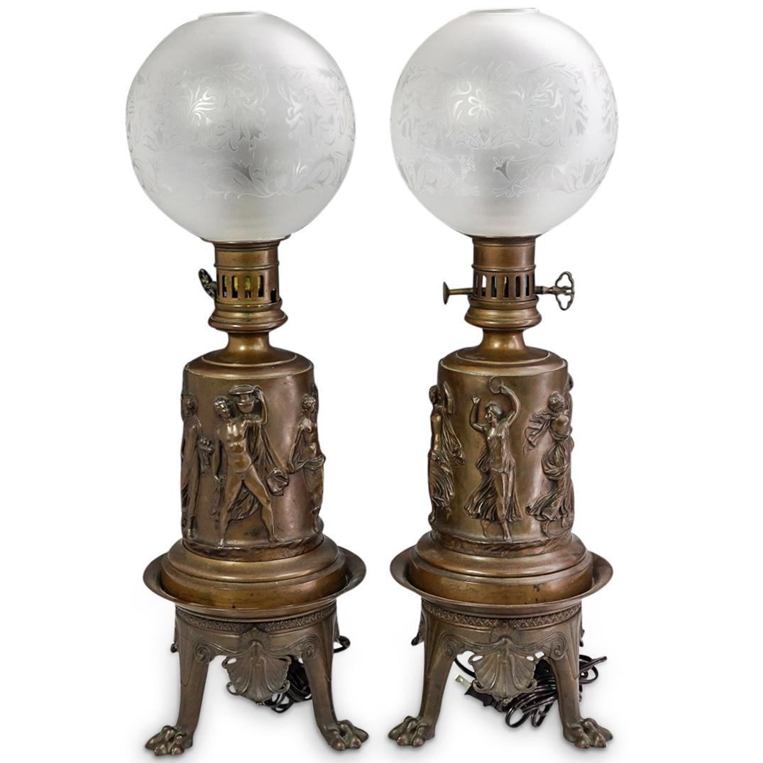 (2 Pc) Large Greco Roman Bronze Lamps (1 of 8)
