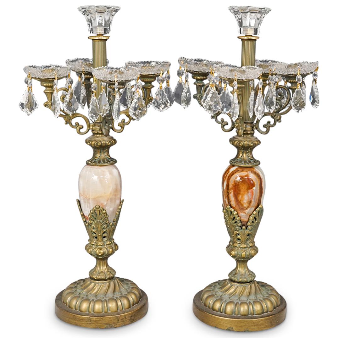 (2 Pc) Bronze, Alabaster & Crystals Candelabras (1 of 9)
