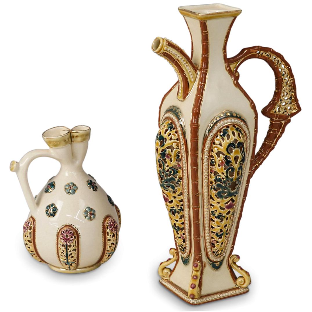 (2 Pc) Antique Zsolnay Porcelain Reticulated Handled (1 of 12)