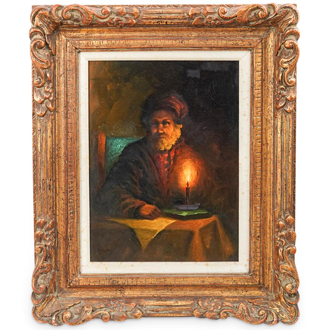 John Adamose Oil on Canvas Painting: DESCRIPTION: John Adamose oil on canvas painting featuring the image of a bearded man with candle light accents. Signed lower left and mounted in a gilt wood frame. CIRCA: 20th Century. ORIGIN: Contin