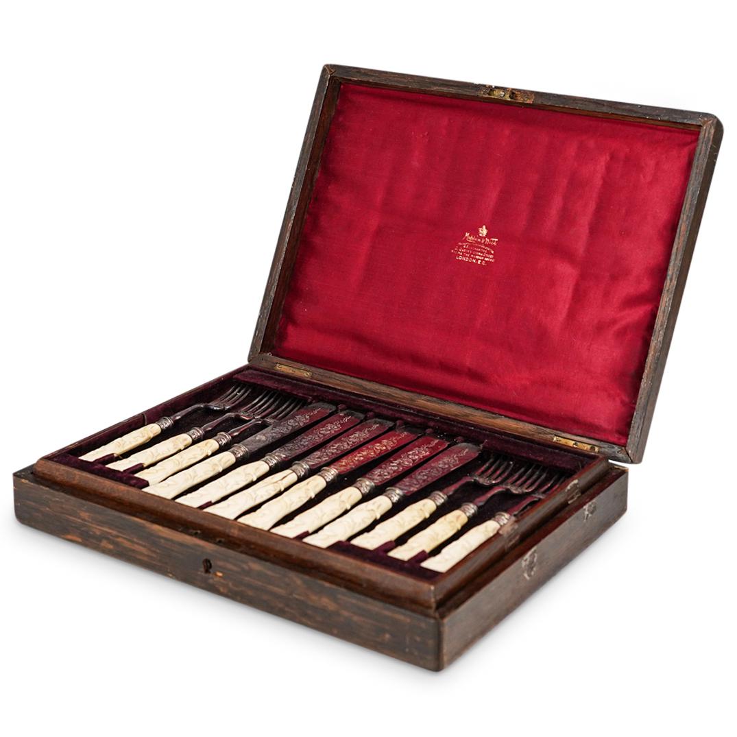 (24 Pc) Mappin & Webb Silver Plate & Bonefish Set: DESCRIPTION: (24 Pc) Mappin & Webb silver plated bone handle fish set. Hallmarked: "Mappin & Webb, Princes Plate, 71552" Includes original wood storage case. Set composed of: (12Pc) Forks. (L: 8" x W: