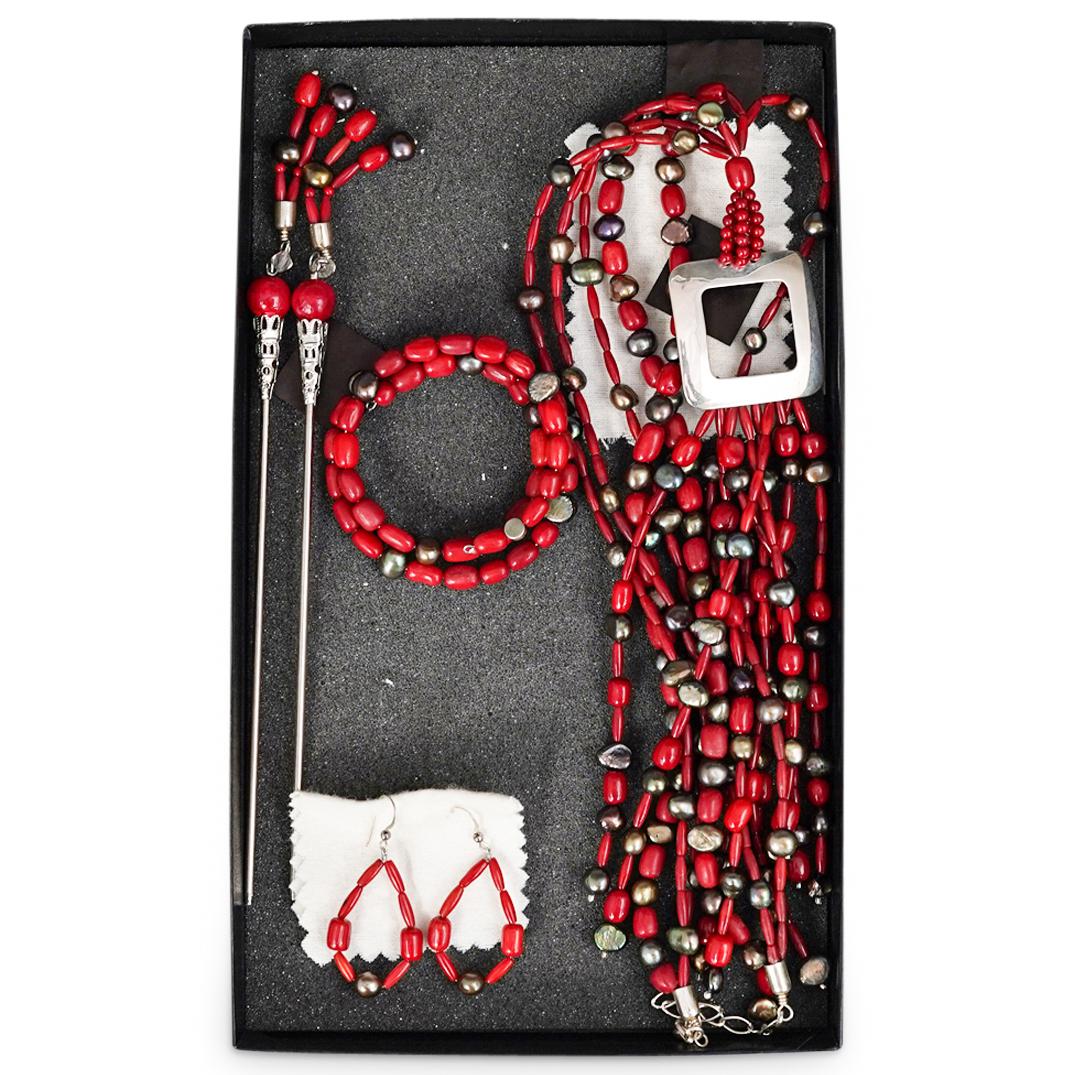 Chinese Red Coral, Pearl and Silver Jewelry Suite (1 of 8)