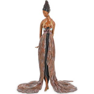 Romain de Tirtoff "Erte" (1892-1990) Artist Proof: DESCRIPTION: Artist proof Erte bronze "Feather Gown" sculpture. Signed on bottom left side of dress (lady's right); etching on left side of dress says "1988 CHALK & VERMILION AND SEVEN ARTS". CIRCA: